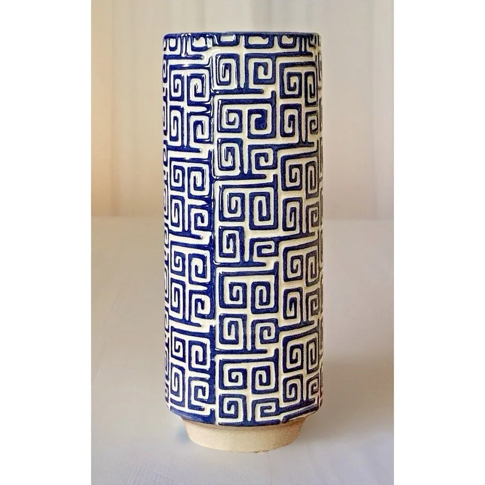 Vtg Inspired Blue White Greek Key Ceramic Vase Chinoiserie Hollywood Regency 10